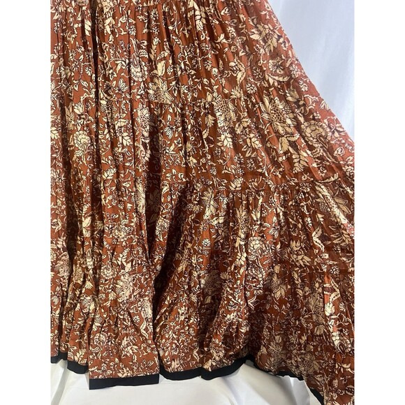 Free People Kika Dress Woman's XS Rust Tan Floral Black Hem Trim Tiered Cotton - Picture 3 of 8